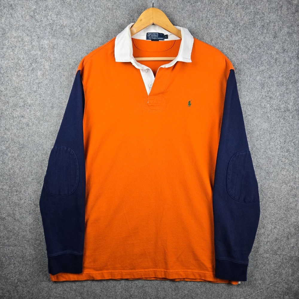Vintage Polo Ralph Lauren Rugby Shirt Mens L Orange Colorblock Elbow Patch #6